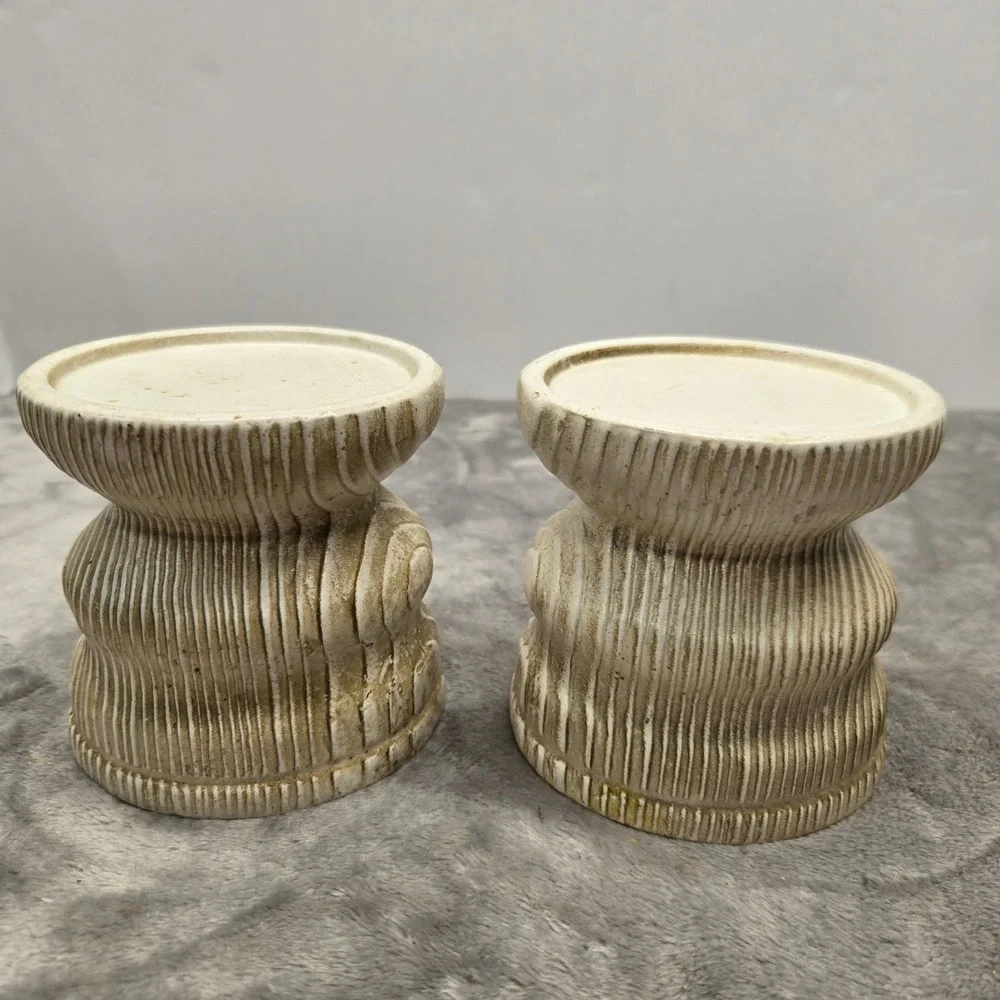 Vintage Japan Pillar‎ Candle Holders Pair Brutalist Textured Cream Brown Wood